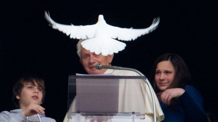 Colombe refusant de s'envoler pendant un discours de Benoît XVI 