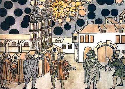 Ovnis observés dans le ciel de Bâle le 7 Août 1566  Apparus au soleil levant, comme engagés dans une bataille  puis se consumant avant de disparaître selon les écrits de Samuel Coccius dans la gazette locale 