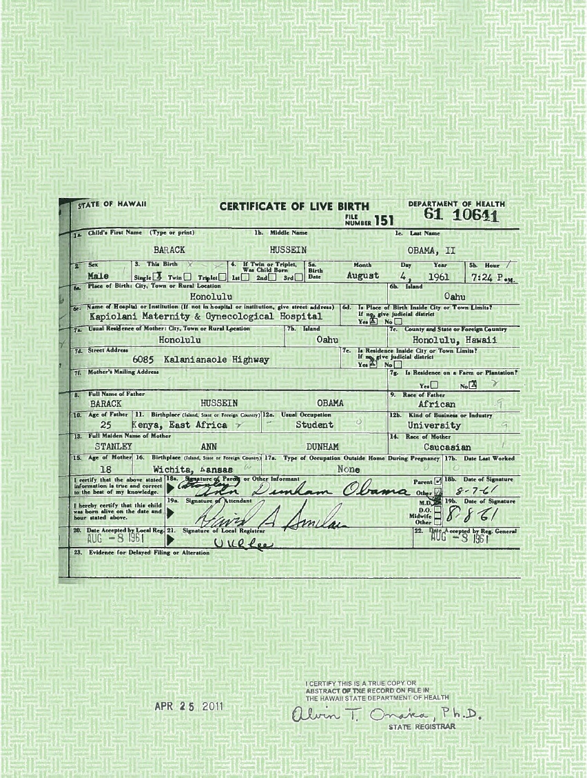 Certificat de naissance de Barack Hussein Obama