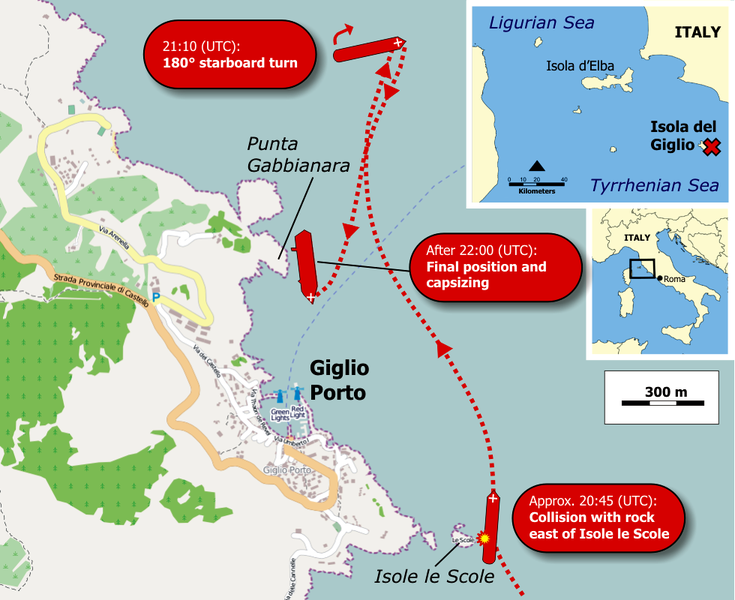 Carte du parcours du Costa Concordia avant le naufrage