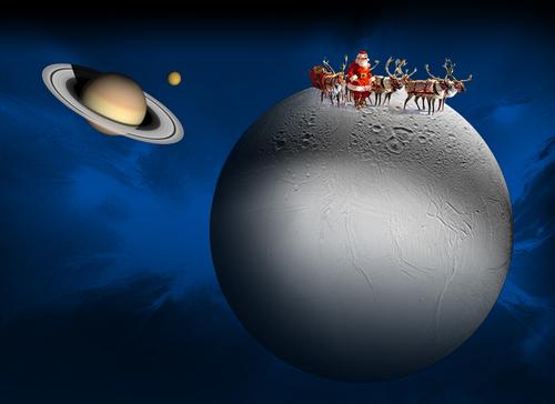 Le Père Noël et ses rennes sur sa planète avec Saturne, ses anneaux et sa lune dans le ciel