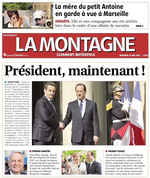 Journal "La Montagne" du 16 mai 2012: Transfert présidentiel N. Sarkozy/F. Hollande