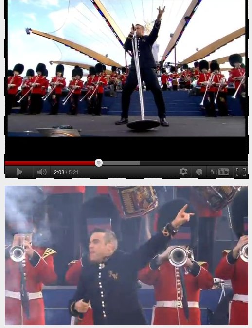 Captures d'écran: Robbie Williams flashant le salut cornu pendant les fêtes du Jubilé - 4 Juin 2012