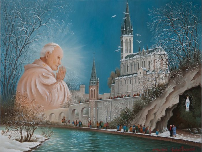 1er mai 2011 - Béatification du Pape Jean-Paul II (Lourdes la Grotte de Massabielle),  œuvre peinte sur bois, 27x35, par le peintre français Raphaël Toussaint