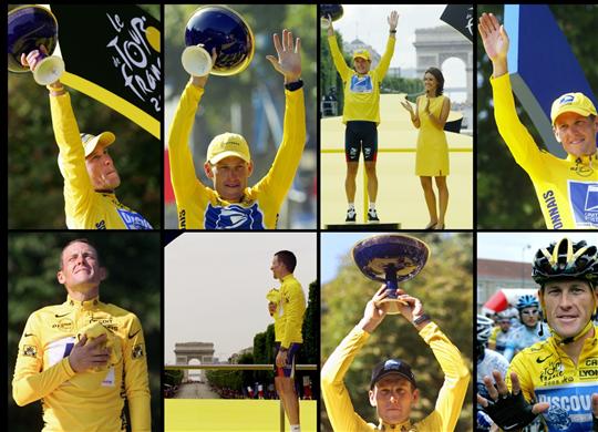 Photos de l'Américain Lance Armstrong sur le podium des Champs-Elysées   lors de ses sept victoires dans le Tour de France (de 1999 à 2005)