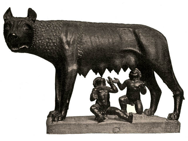 Les jumeaux Rémus et Romulus et leur mère louve.