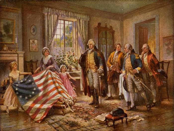 Betsy Ross présentant le drapeau américain à George Washington