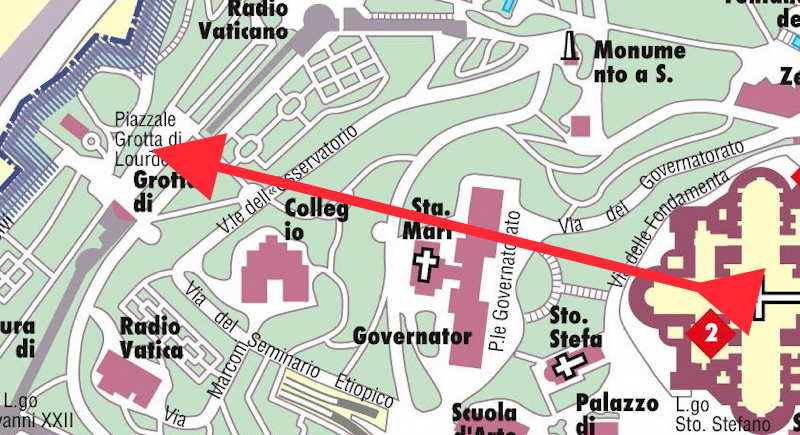 Plan du point de vue depuis le Dôme de la Basilique   en direction de la réplique de la grotte de Lourdes