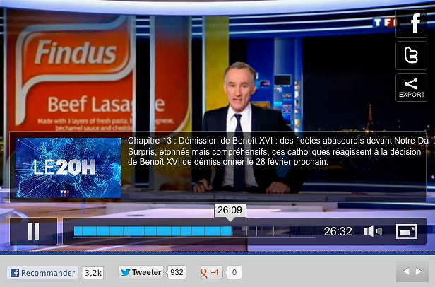 Capture d'écran du JT de TF1 à 20:00 le 11 Février 2013