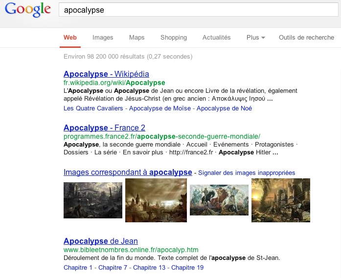 Capture d'écran: recherche sur Google: Apocalypse Johannique